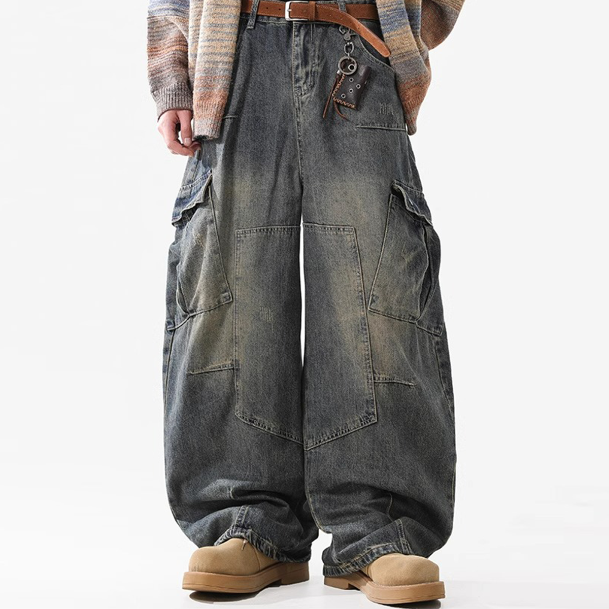 Heavyweight Multi-Pocket Washed Vintage Loose Jeans