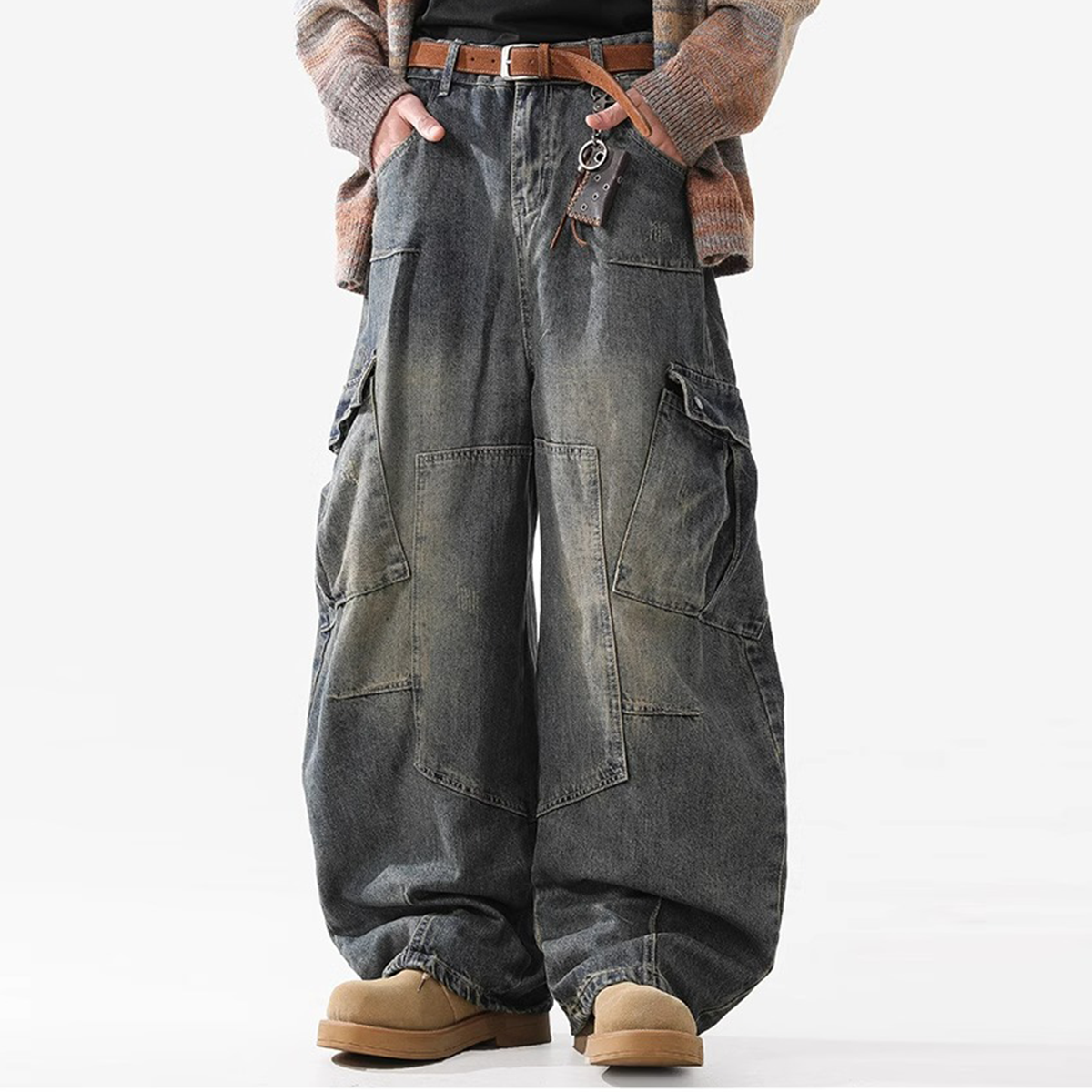 Heavyweight Multi-Pocket Washed Vintage Loose Jeans