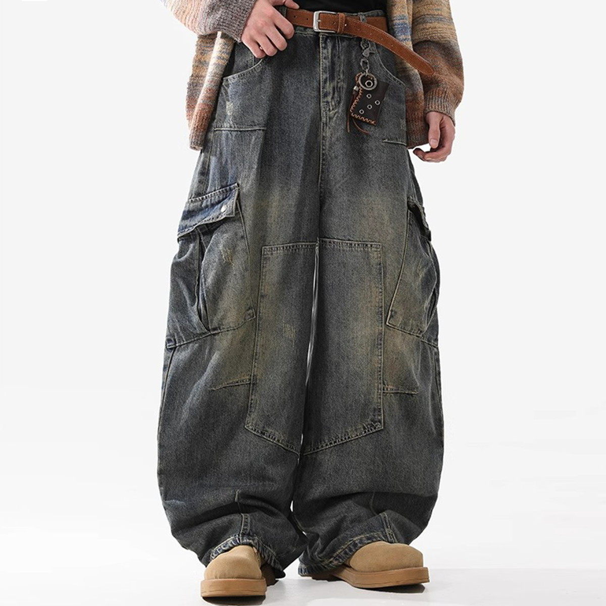 Heavyweight Multi-Pocket Washed Vintage Loose Jeans
